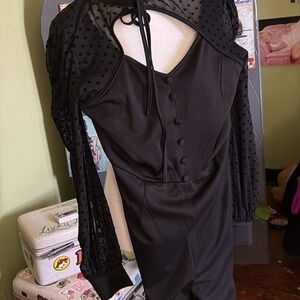 Unique Vintage Black Jumpsuit with Sheer Polka Dot Sleeves